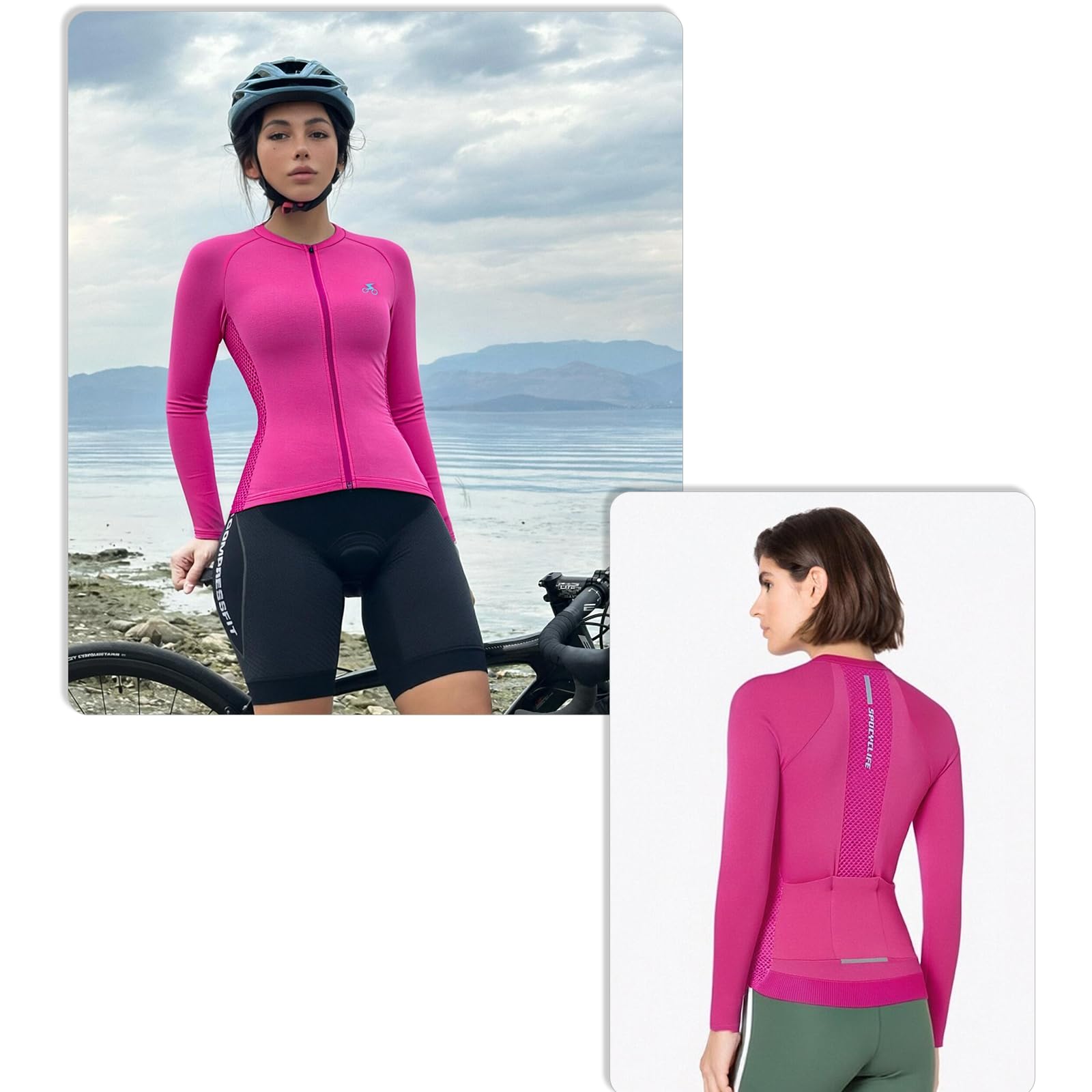 Maglia da ciclismo da donna, a maniche lunghe, traspirante, per bici da corsa, altamente elastica, con 3 tasche posteriori