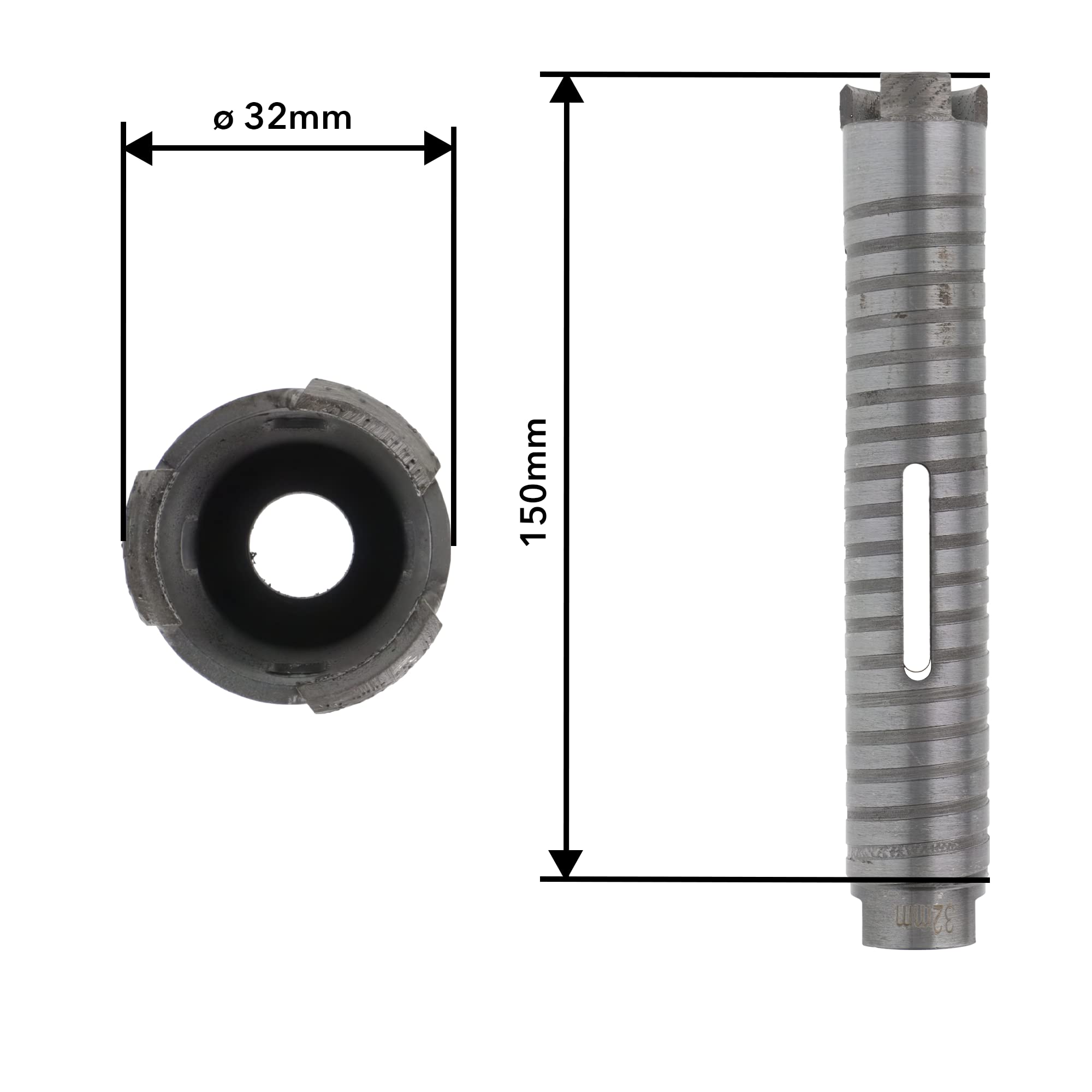 PRODIAMANT Diamentowa wiertnica rdzeniowa ø 32 mm długość efektywna 150 mm z adapterem sześciokątnym do wiertarek, segmenty spawane laserowo do wiercenia na sucho