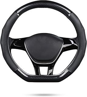 Ergocar Car Steering Wheel Cover Non-Slip Car Steering Wheel Protector D-Shape Carbon Fibre & First Layer Cowhide for Diameter 38 cm (15 Inches) (D-Black)