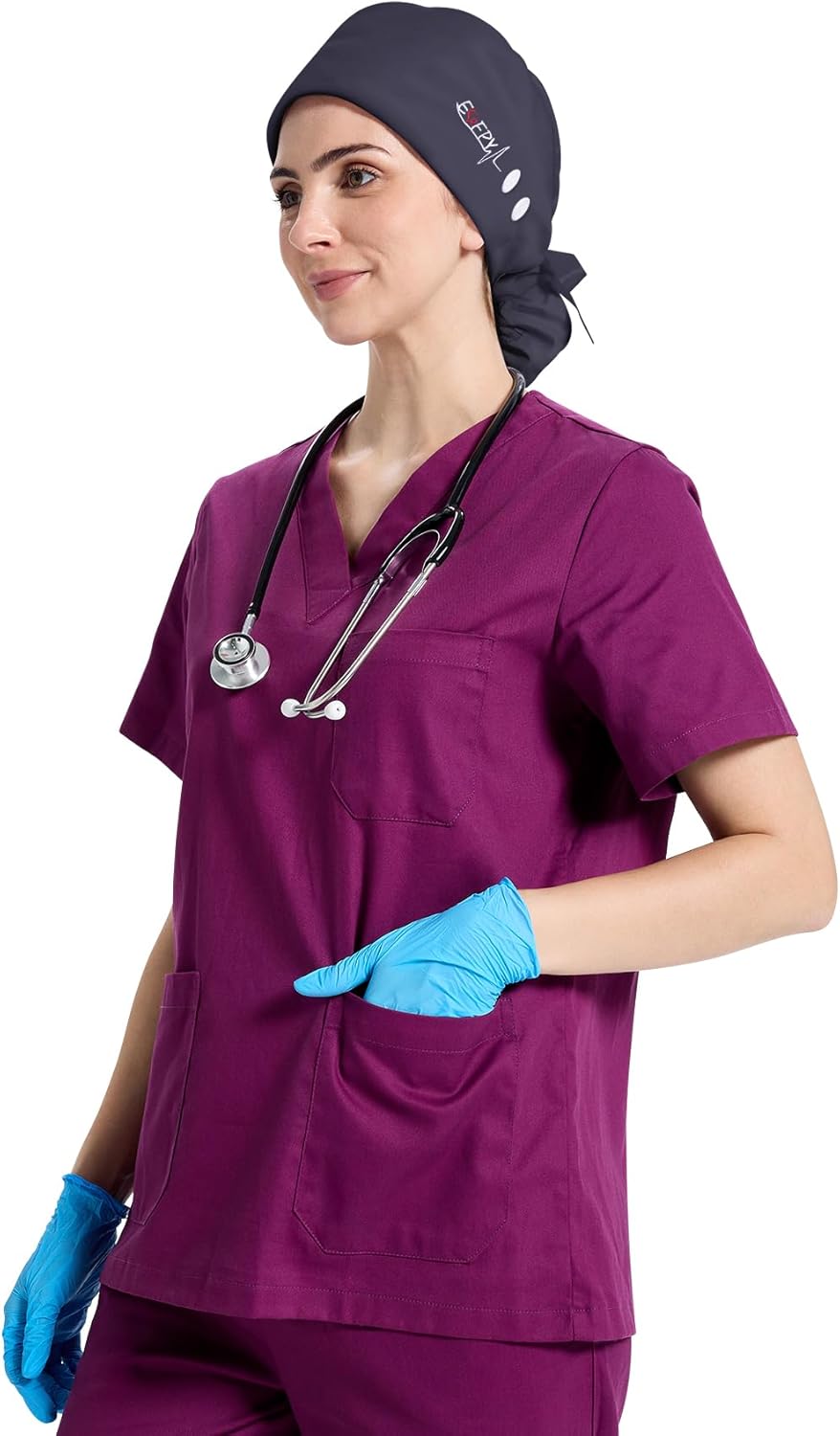 Working Cap Scrub Caps for Women, Adjustable Long Hair Nurse Head Cap, Surgical Bonnet with Sweatband & Buttons - Image 2