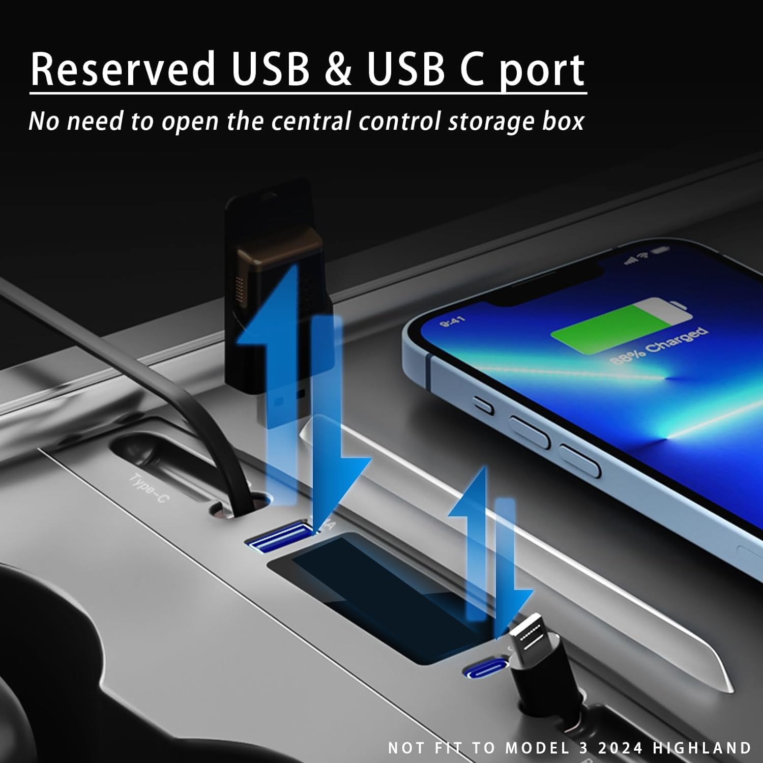 Customized for Tesla Model 3/Y USB Hub, Fast Charger for Tesla Model Y 3 Accessories 2024 2023 2022 2021 Retractable Cable,Multifunctional Tesla Center Console Accessories(Not fit Model 3 2024) — view 4