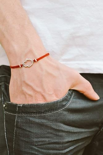 Miniatura 3 de Hamsa red string bracelet for men, men's bracelet with silver plated Hamsa charm, red cotton cord, Jewish gift for him, evil eye protection Jewish