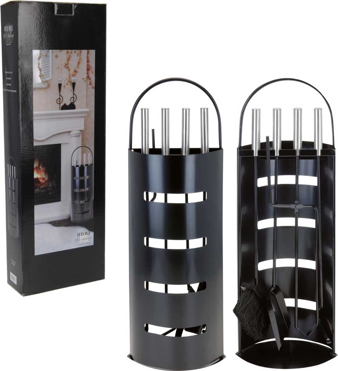 Set di 5 attrezzi da camino, in metallo resistente al calore e acciaio cromato, colore: nero/argento