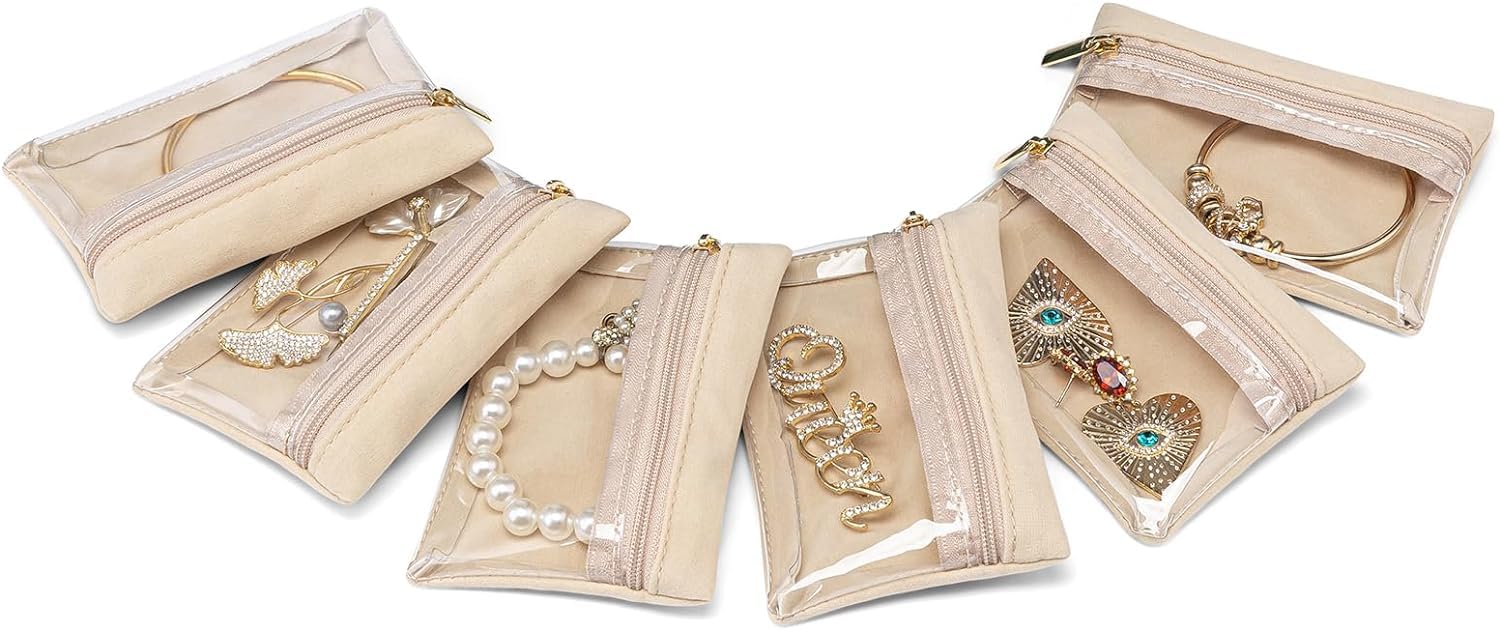 6 Pcs Travel Jewelry Bags,Jewelry Pouch Bag, Clear velvet zipper pockets Storage Bag Organizer Case for Women Girl Gift- (Beige)
