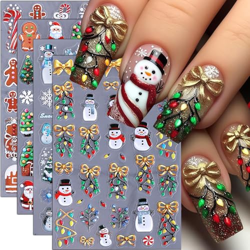 Christmas Nail Stickers 5D Embossed Christmas Tree Snowman Nail Art Stickers Snowflake Nail Decals Self-Adhesive Santa Claus Gingerbread Man Design Sticker Holiday Nail Art Decoration for Women 4Pcs