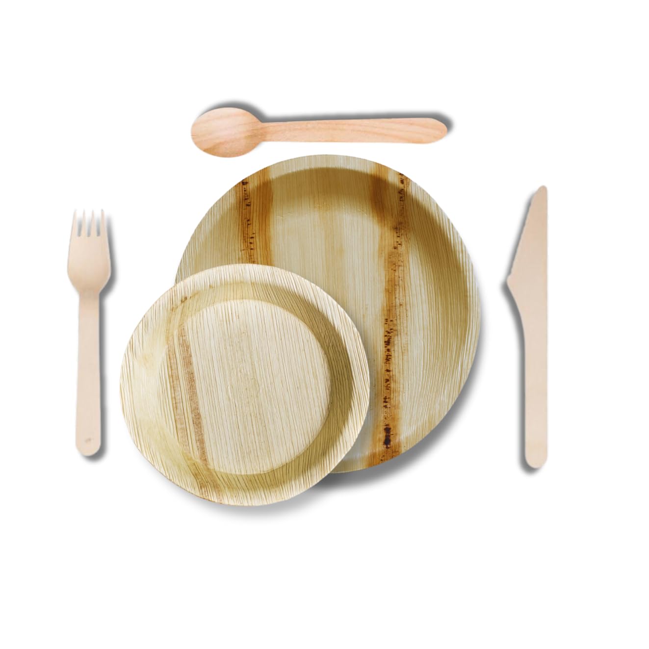 DISPOSABLE GREEN 125pcs Disposable Palm Leaf Plates and Cutlery Set, 25 Large Round Plates, 25 x Spoons+Forks+Knives, Eco Friendly Biodegradable (125 pcs (25pcs Each))