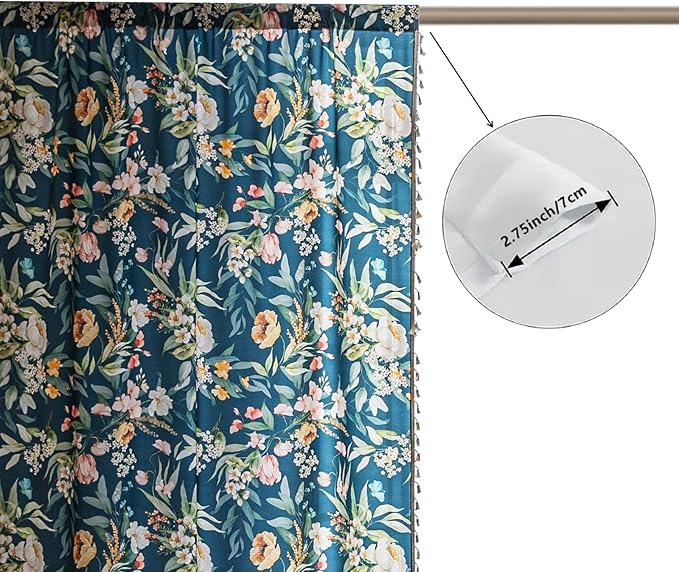 Image of Boho Floral Curtains French Country Farmhouse Curtains 72 Inches Long Light Filtering Window Rod Pocket Drapes for Living Room 2 Panels-Navy Blue Floral