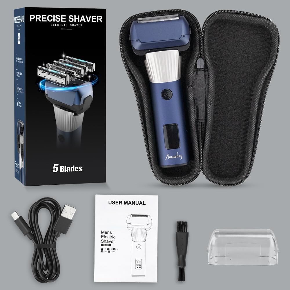 Amurhey Rasoio Elettrico Barba con 5 Lame Pro, Rasoio Elettrico Wet & Dry 100 Minuti Di Autonomia, Rasoio Barba con Trimmer pop-up e Custodia da Viaggio, Ricaricabile, Regalo uomo