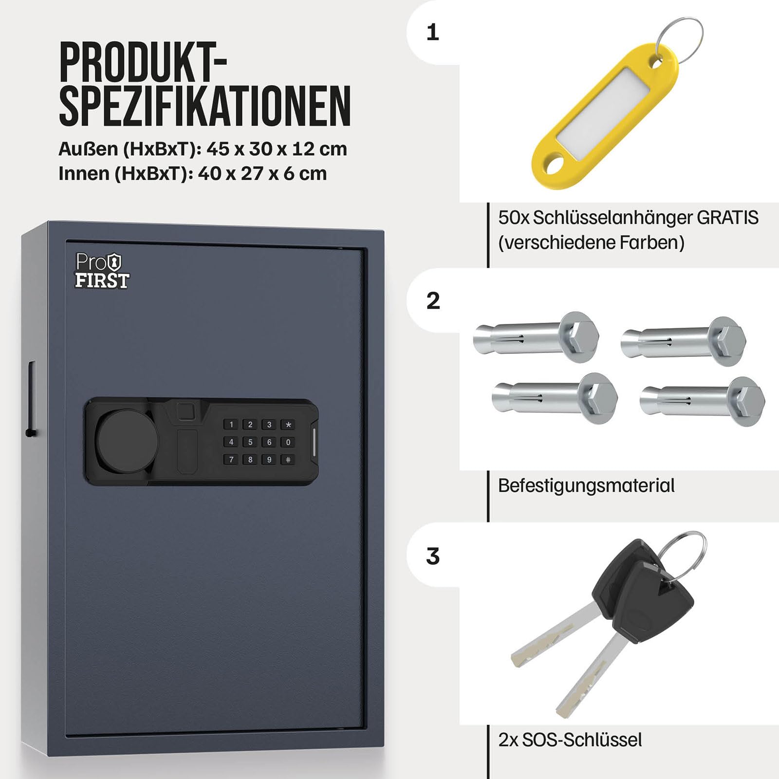 Profirst Schlüsseltresor LockGuard 50 Stahl Elektronikschloss LED Beleuchtung mechanische Notöffnung 5 verstellbare Hakenleisten 50 Haken Einwurfschlitz Innenbeleuchtung inkl. Befestigungsmaterial 50
