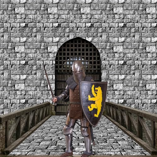 Image of party greeting Brick Stone Wall Tablecloth Roll Disposable Stone Wrapping Plastic Table Cover Castle Backdrop for Halloween Western Birthday Medieval Party Decoration Favors Supplies 300FT x 51 Inch