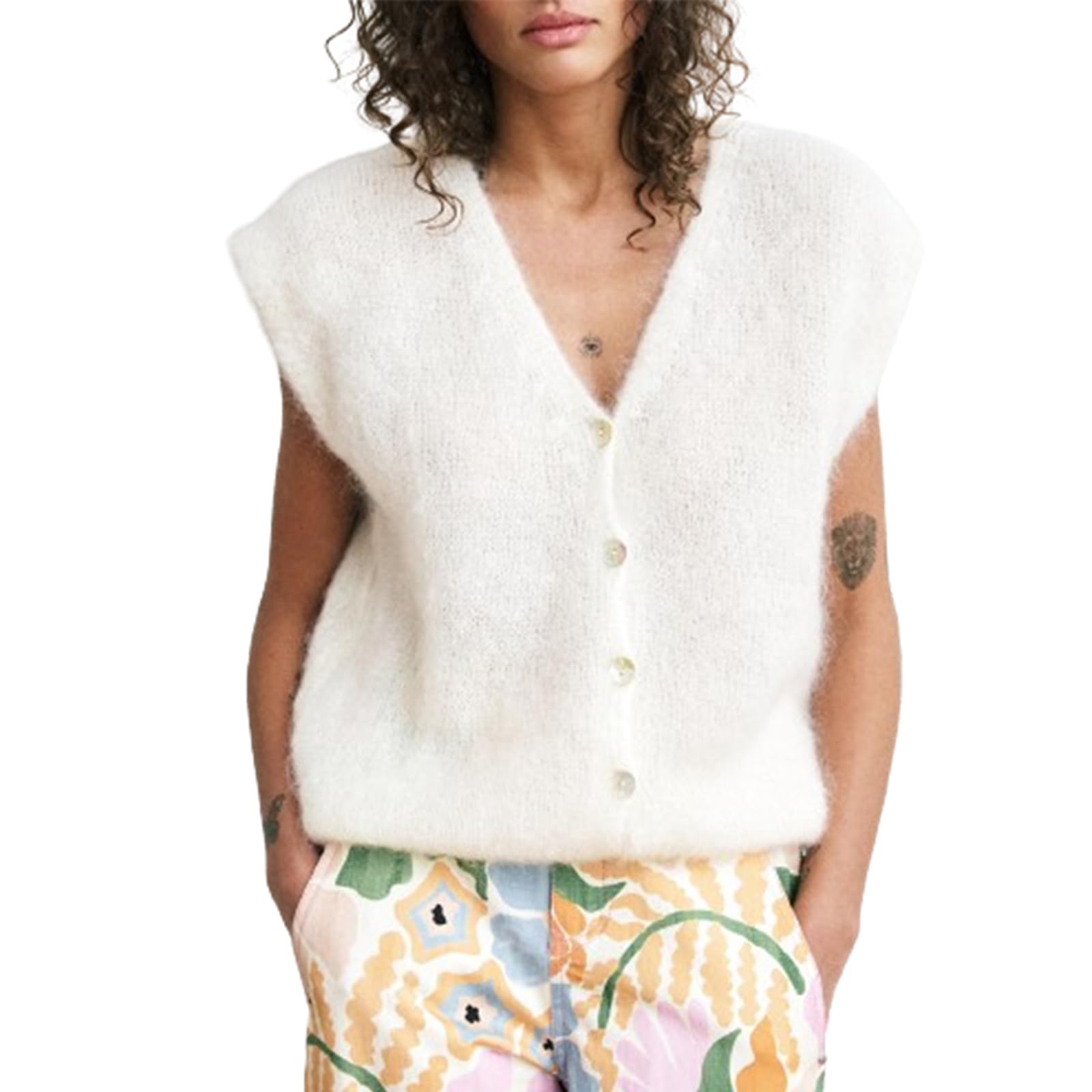 Gilet en tricot pour femme avec col en V boutonné sans manches en tricot court ouvert sur le devant