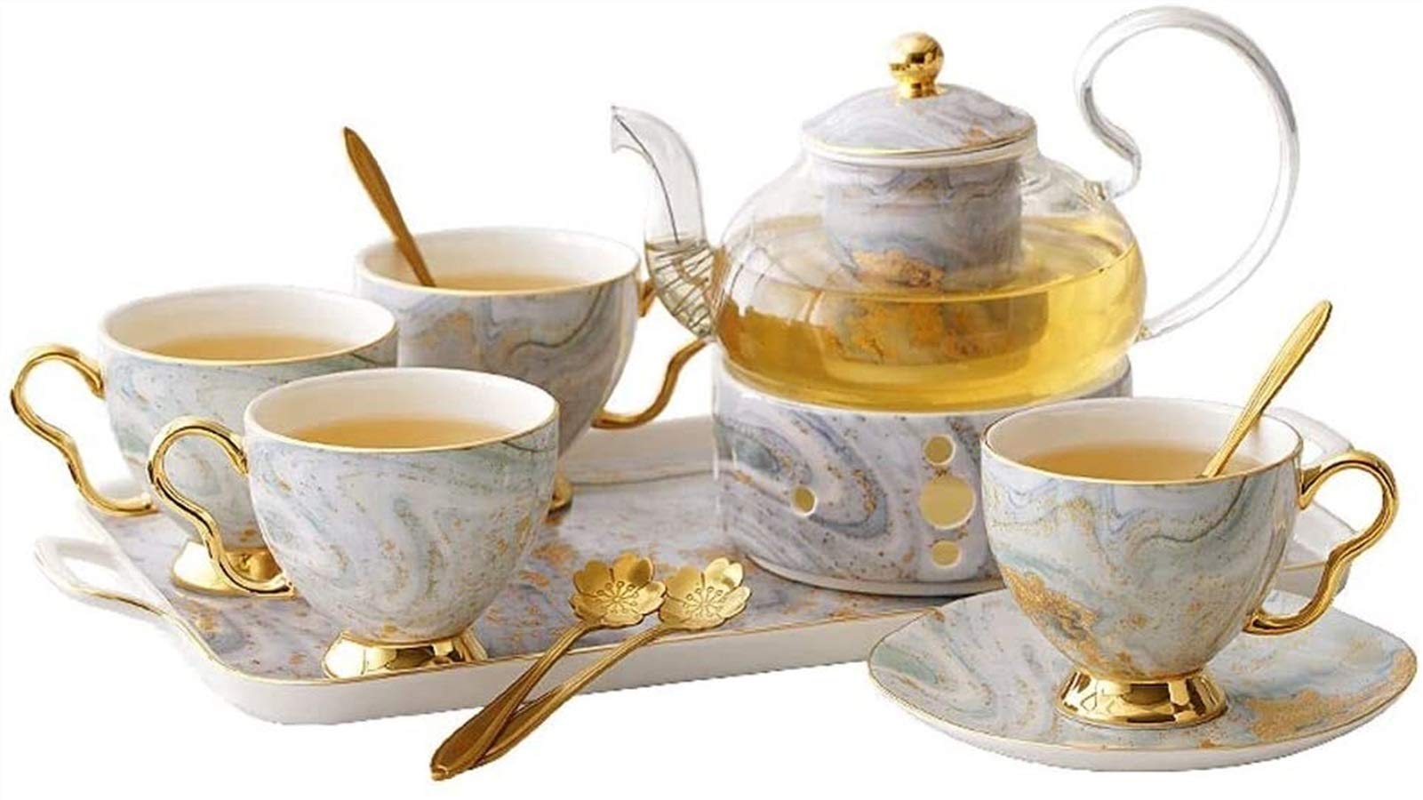 Czajniczek Zestaw do herbaty Brytyjski luksusowy ceramiczny zestaw do herbaty z tacą Zestaw do kawy Świeca Ogrzewanie Szklany czajniczek