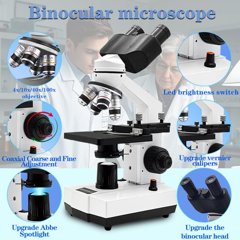 Image of Adult Student Compound Binocular Microscope - 40X-5000X High-Magnification Large-Field Professional Biological Microscope, Suitable for Schools, Laboratories, and Home Education