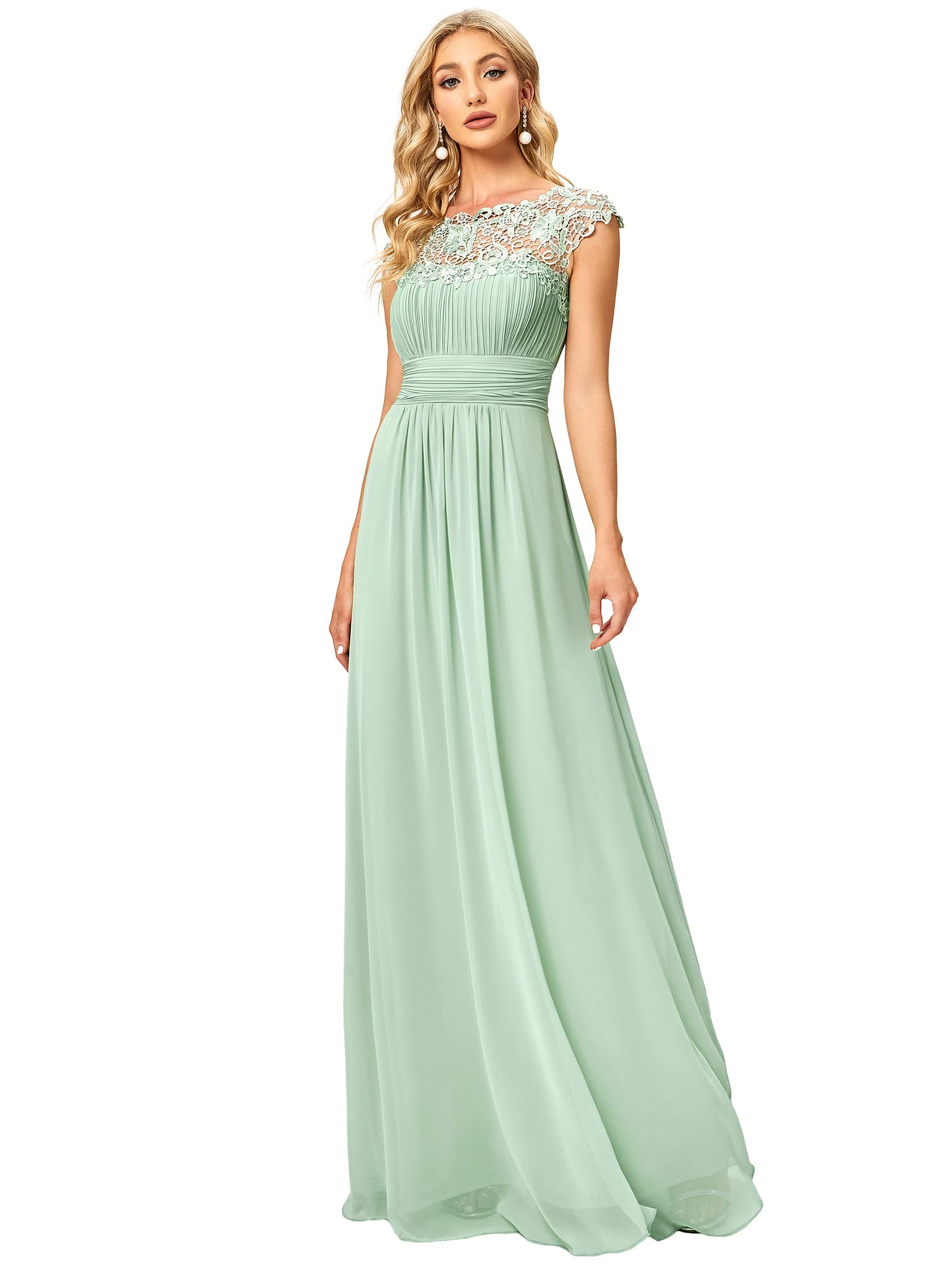 Ever-Pretty Damen Abendkleider Kurze Ärmel Rundkragen Spitze Empire A-Linie Elegant Chiffon Bodenlang Brautjungfernkleider EP09996