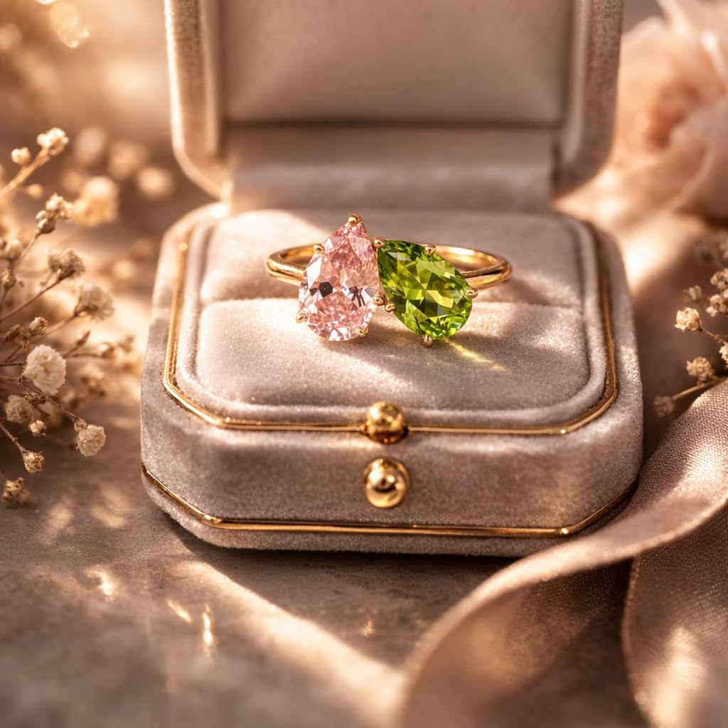 14K Yellow Gold Two Stone Pink Sapphire & Green Peridot Ring Pear Cut Toi et Moi Engagement Ring for Women Open Bypass Promise Anniversary Fine Jewelry Gift for Her