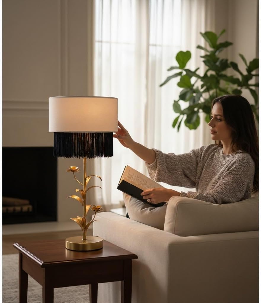 Tristan Home Premium Velvet Drum Lamp Shade with Fringe, 30cm Width 24cm Height Including Fringe (White and Dark Blue, Small)