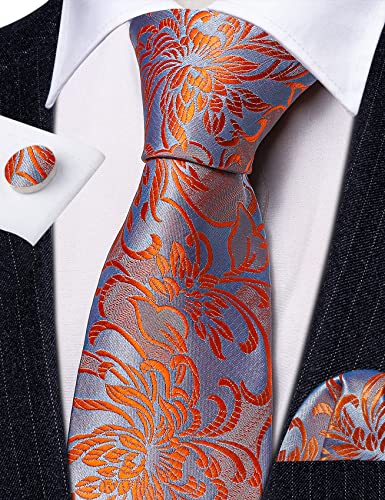 Image of Barry.Wang Flower Ties for Men Silk Woven Floral Tie Sets Necktie Handkerchief Cufflinks Wedding Party