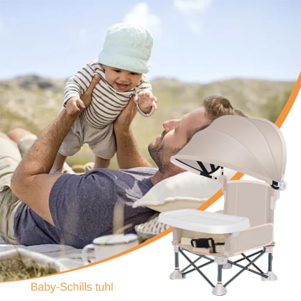 Baby Campingstuhl, Faltbar Babystuhl mit Abnehmbarem Tablett Und Sonnenschirm, Tragbarer Babysitz, Baby Strandstuhl, Kinder Esszimmerstuhl für Outdoor Camping S-trand Rasen (Beige)