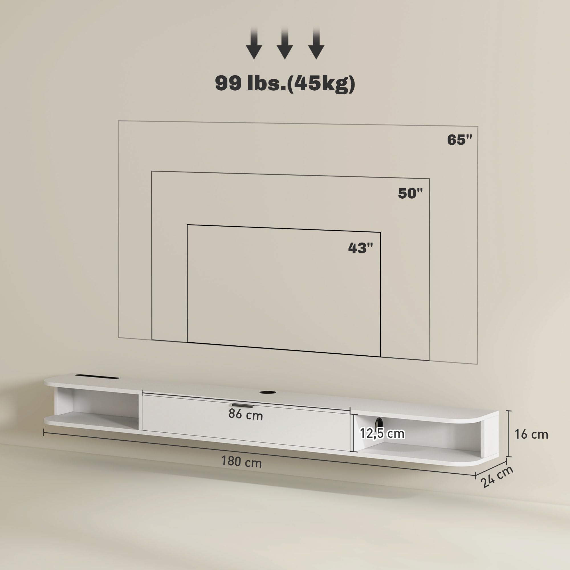 HOMCOM 71" Supporto TV sospeso per TV fino a 75" Bianco venatura legno