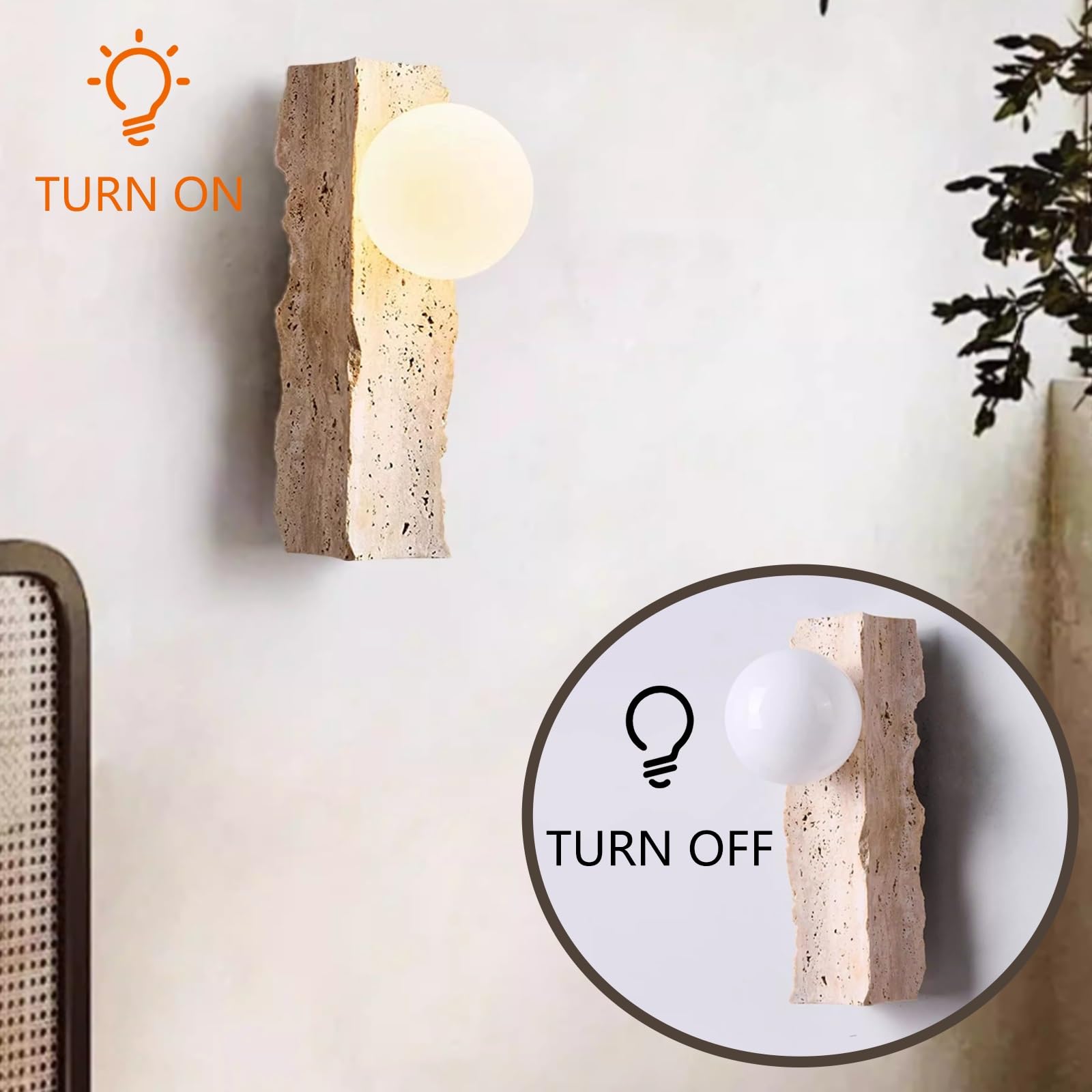 Aplique de pared de travertino moderno, lámpara de pared cableada | Lámpara de pared de piedra de cueva amarilla con pantalla de cristal globo, luz de pared Wabi Sabi de estilo japonés