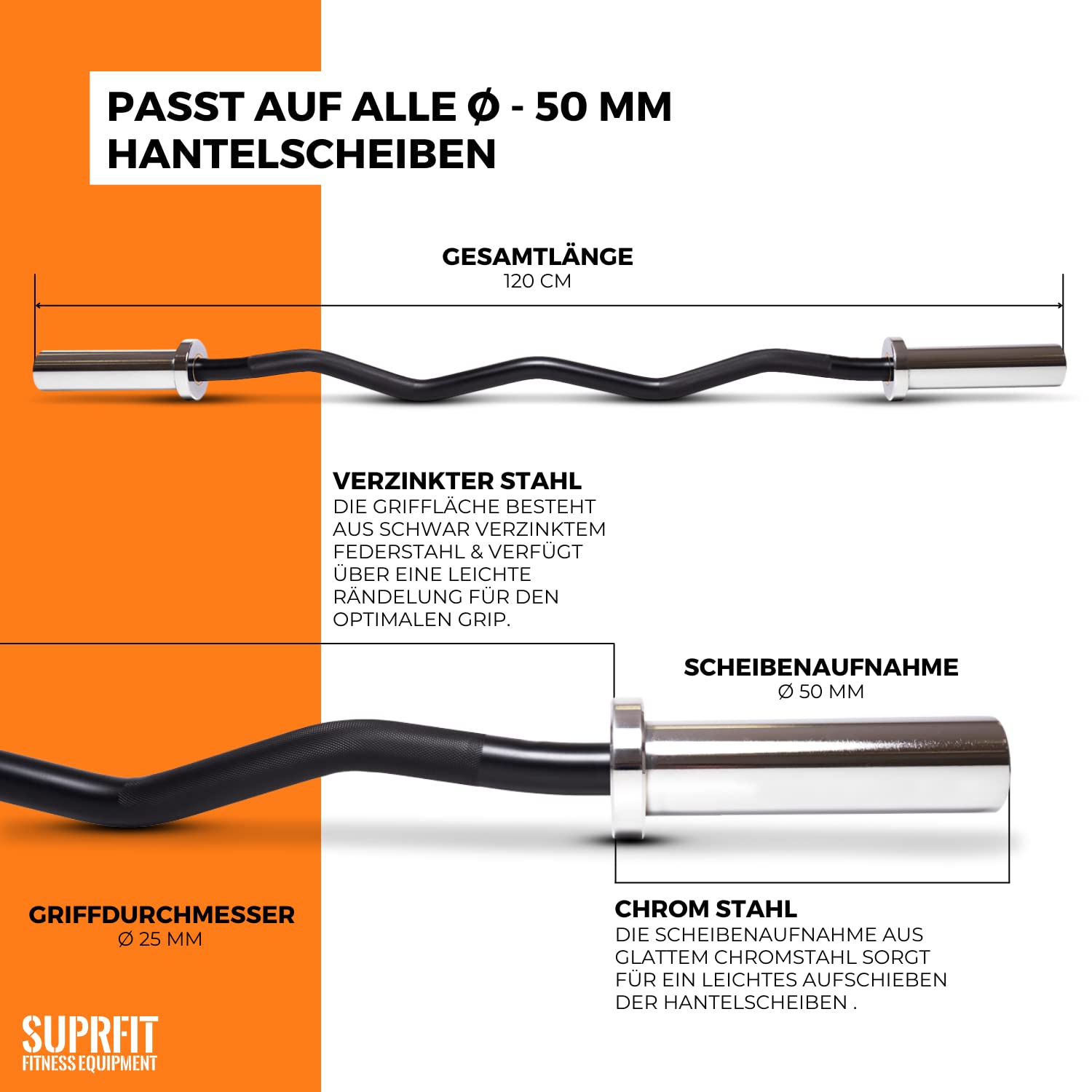 Suprfit SZ Curl Hantelstange, Profi Langhantelstange, Olympic Barbell 7,5 kg, 120 cm, 50 mm Aufnahme, Griff 25 mm, max. Gewicht 135 kg, Stahl Chrom Schwarz