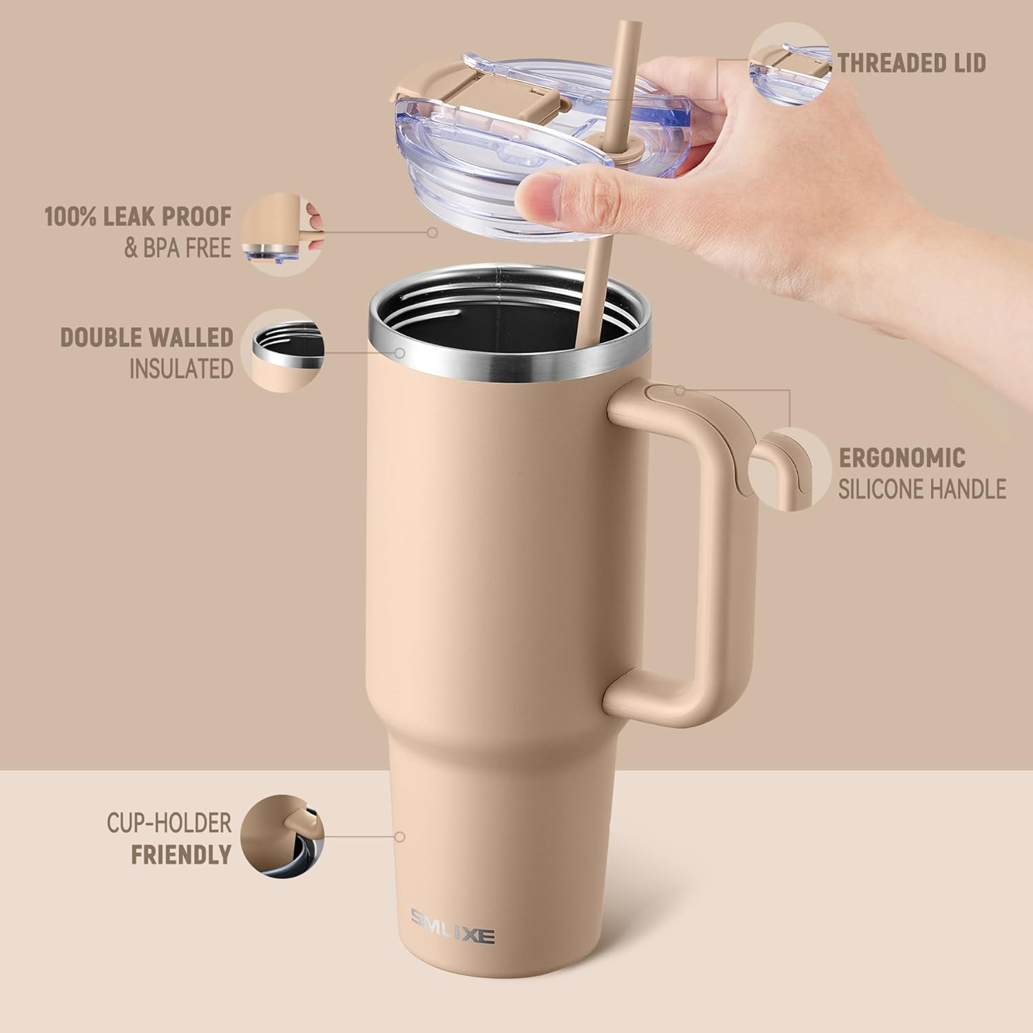 40 oz Tumbler with Handle and Straw Lid,Insulated Reusable Stainless Steel Water Bottle Travel Mug，Cupholder Friendly Double Wall Vacuum Sealed Cup (Mocha) - Image 2