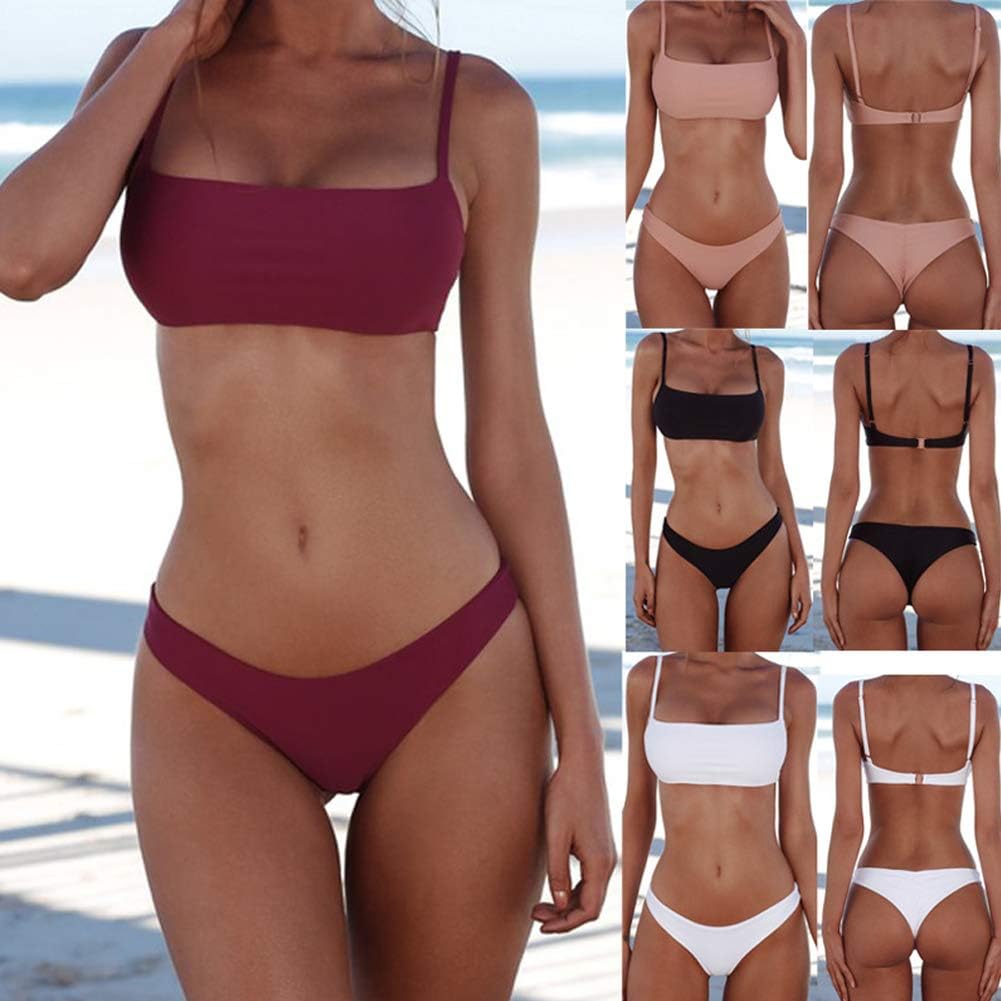 Meioro Bikini Set di costumi da bagno da donna a vita bassa a due pezzi costume da bagno senza bordo perizoma fondo costume da bagno - Rosso - S