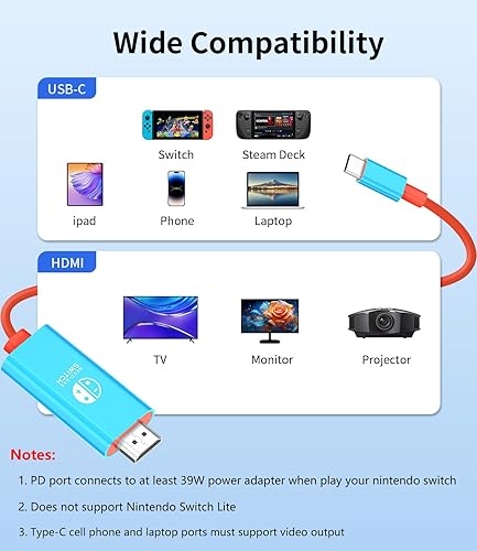 Miniatura 6 de Adaptador de interruptor de TV para Nintendo Switch, estación de acoplamiento para TV, cable USB C a HDMI, USB C a HDMI con alimentación, compatible