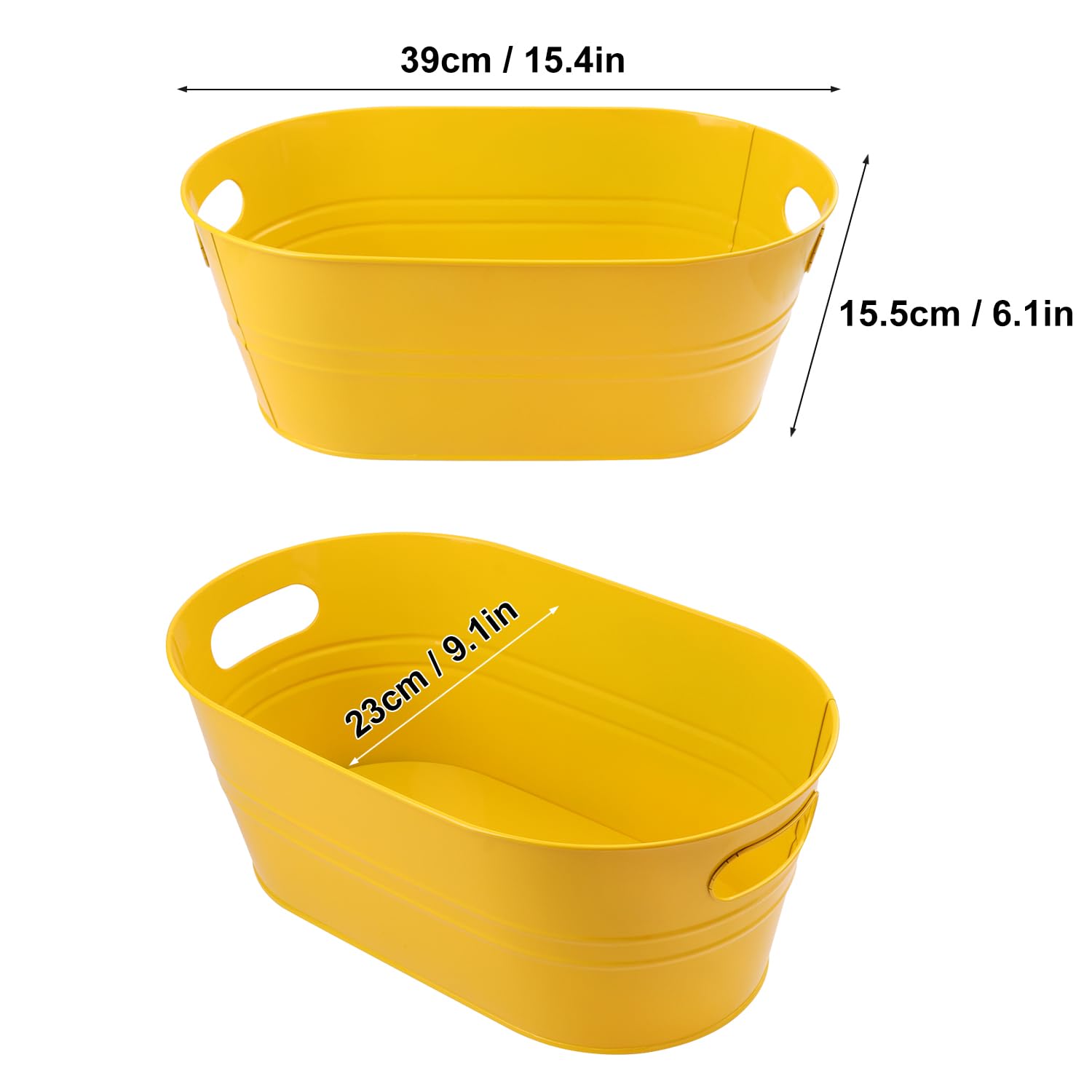 2 vaschette in metallo zincato giallo con manici, 38,9 x 22,9 x 15,2 cm, per feste, grandi secchi per bevande in metallo per birra, vino, cocktail ed eventi all'aperto