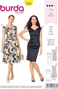Burda Style Pattern 6236 - Misses Fitted Dresses with Variations, Size A 8-10-12-14-16-18