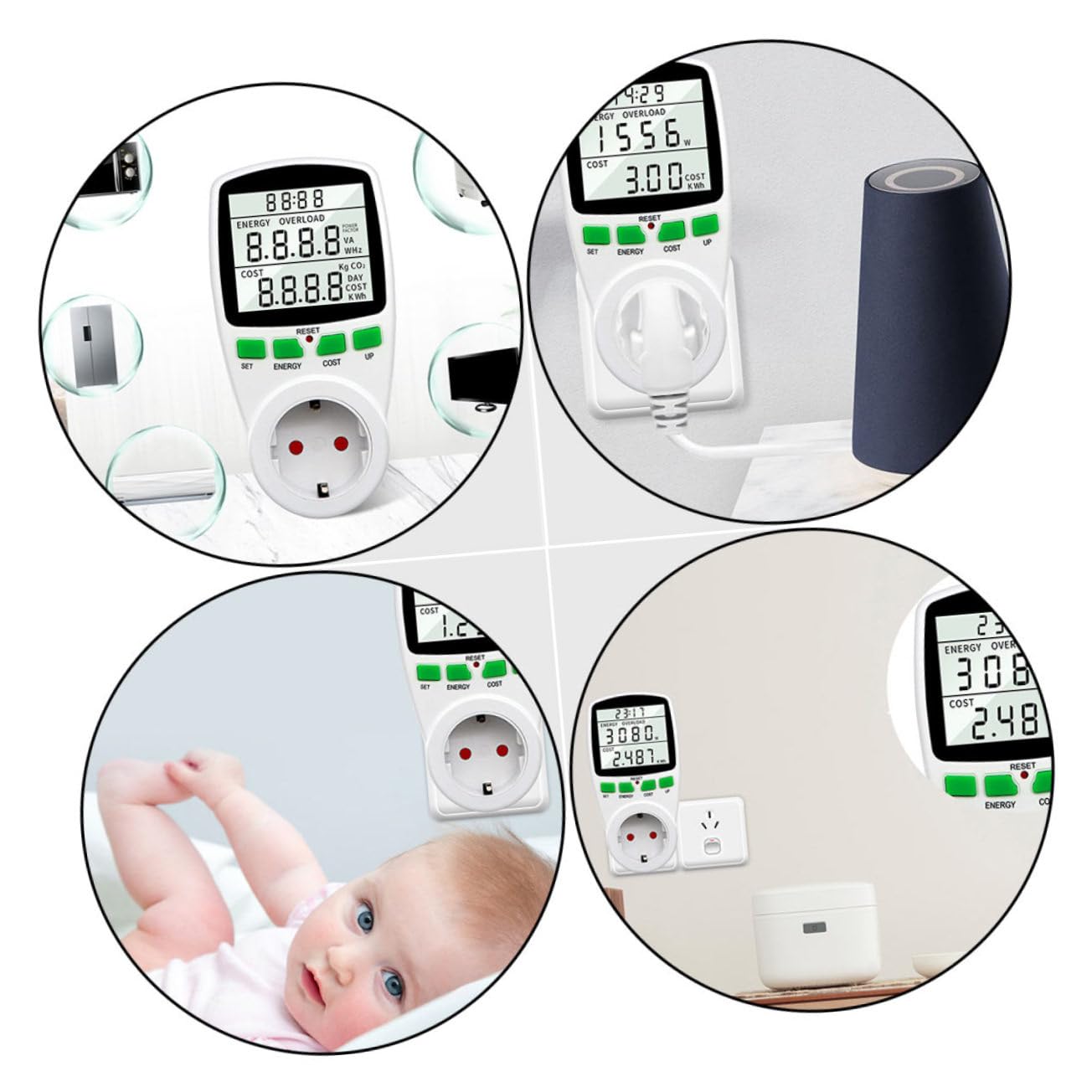 Misuratore di Consumo Elettrico Digitale da Presa Ac230v 16a | Lcd Retroilluminato Grande, Misura Energia, Ampere e Fattore di Potenza, Memoria Min/max e Costo