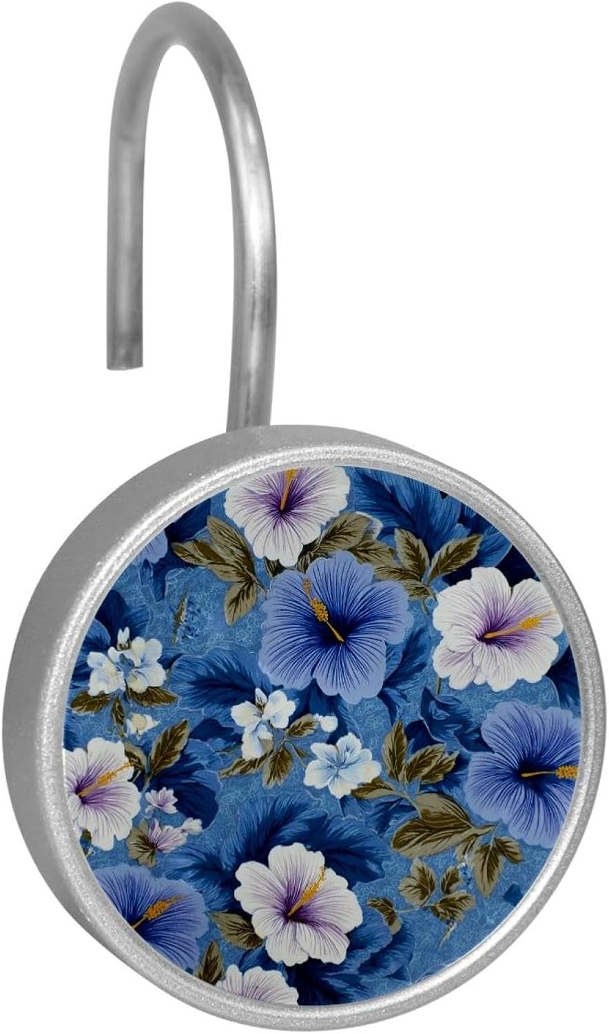 Set of 12 Shower Curtain Hooks, Shower Curtain Rings Crystal Glass Decorative Bathroom Hook, Hawaiian Hibiscus Floral Blue (1)