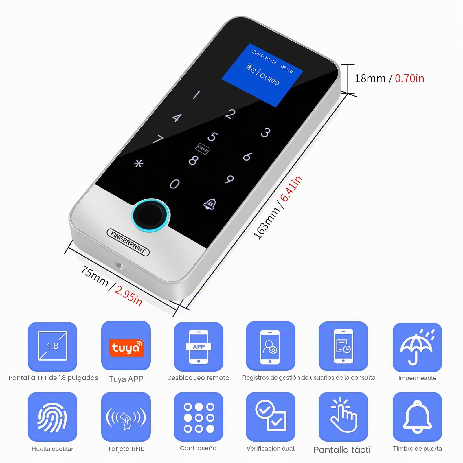 Kit de control de acceso de seguridad ReaIOKbii con Bluetooth y aplicación Tuya, controlador de acceso inteligente con huella dactilar y RFID, cerradura de puerta con teclado táctil, cerradura