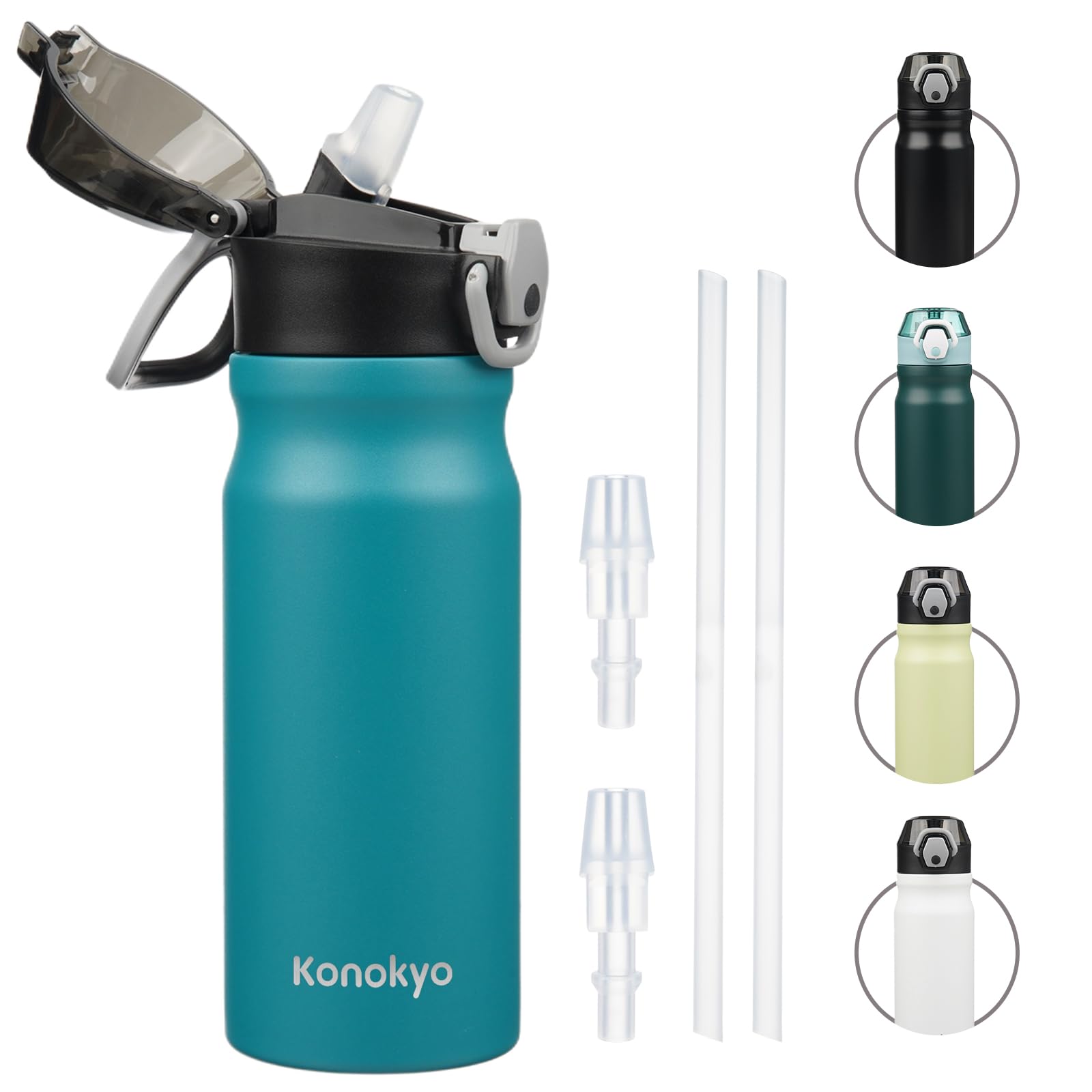 Konokyo Insulated Water Bottle with Straw and Carry Loop,18 oz Stainless Steel Double Wall Vaccum Metal Water Flask with Leak-proof Lid,Blue