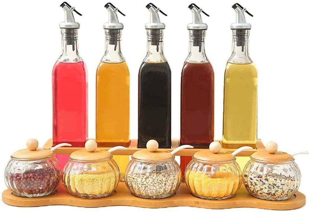 Set da 10 Pezzi, vasetto di spezie in Vetro Solido, Olio di aceto, ampolla liquida, con ripiano in Legno di bambù, Barattolo di spezie da Cucina con Cucchiaio