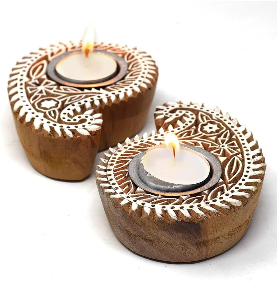 Wooden Tea Light Holder Set of 10 Pieces with 50 Wax Tea Lights, Mango Shape