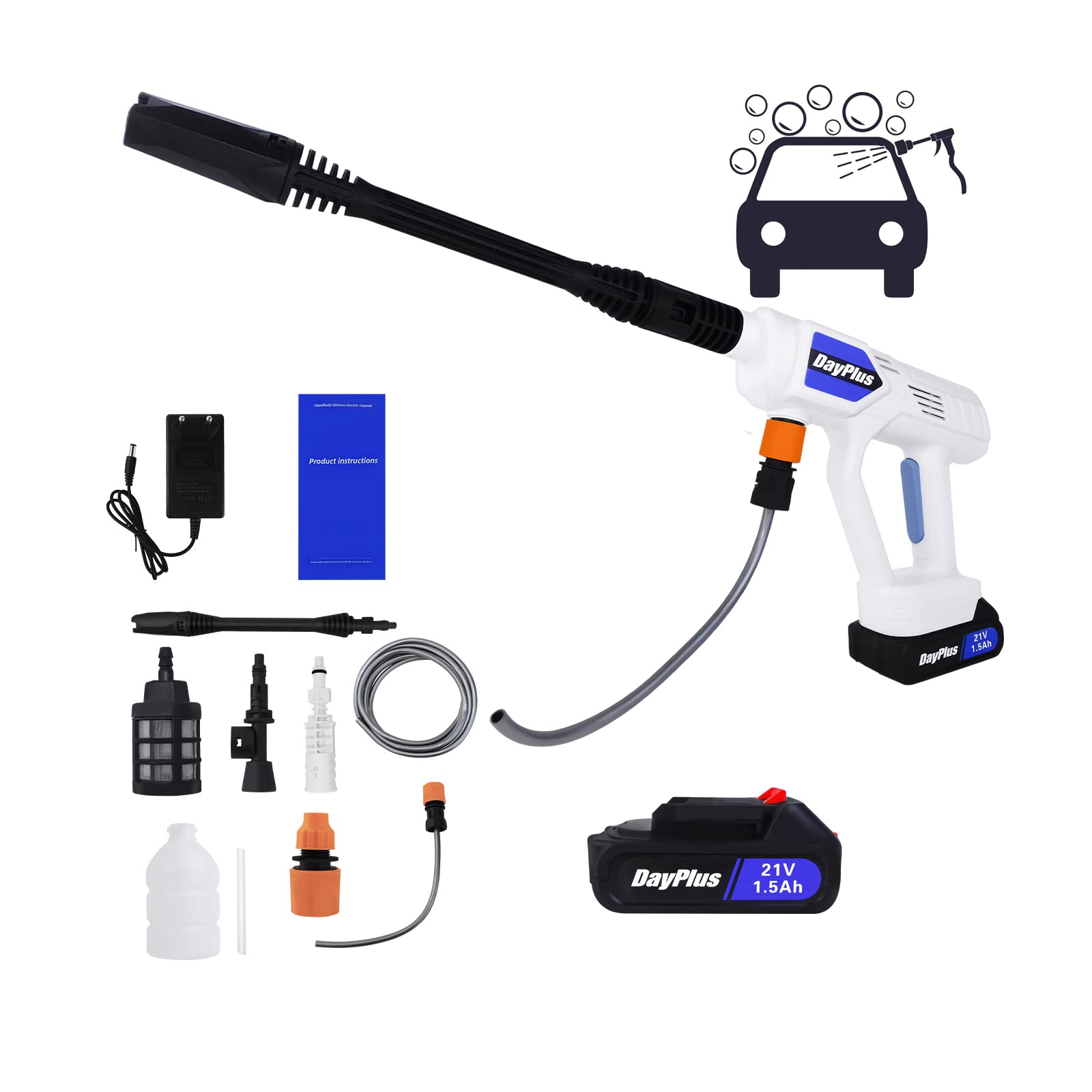 Lavadora de alta presión con batería, limpiadora de alta presión portátil portátil con kit de accesorios, 2 x 1,5 Ah limpiador de alta presión con boquilla giratoria, ideal para coches, barcos, jardín
