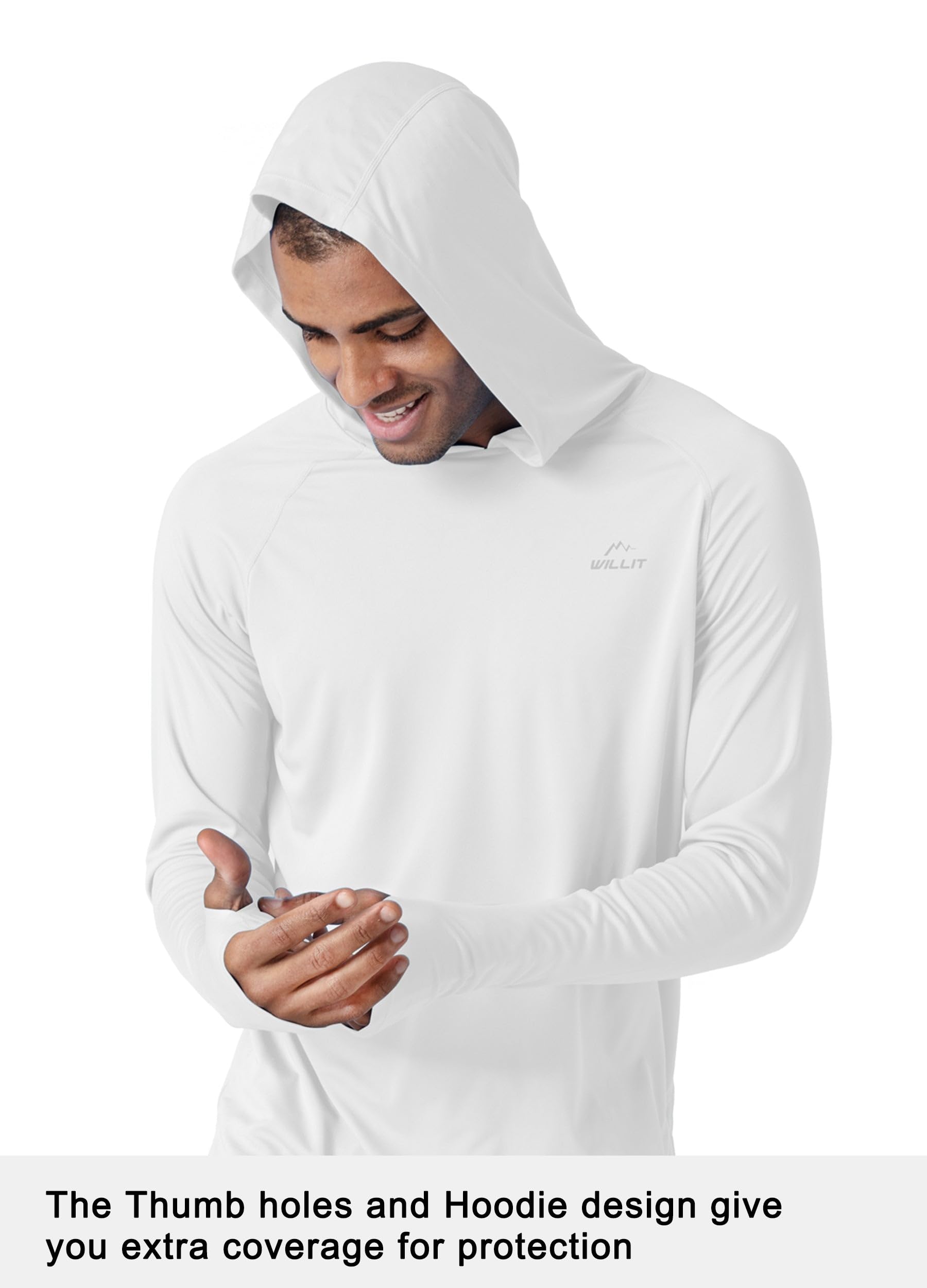 Willit Men's Sun Shirts UPF 50+ Rash Guard Long Sleeve Sun Protection Hoodie SPF UV Fishing Lightweight Athletic Running White L