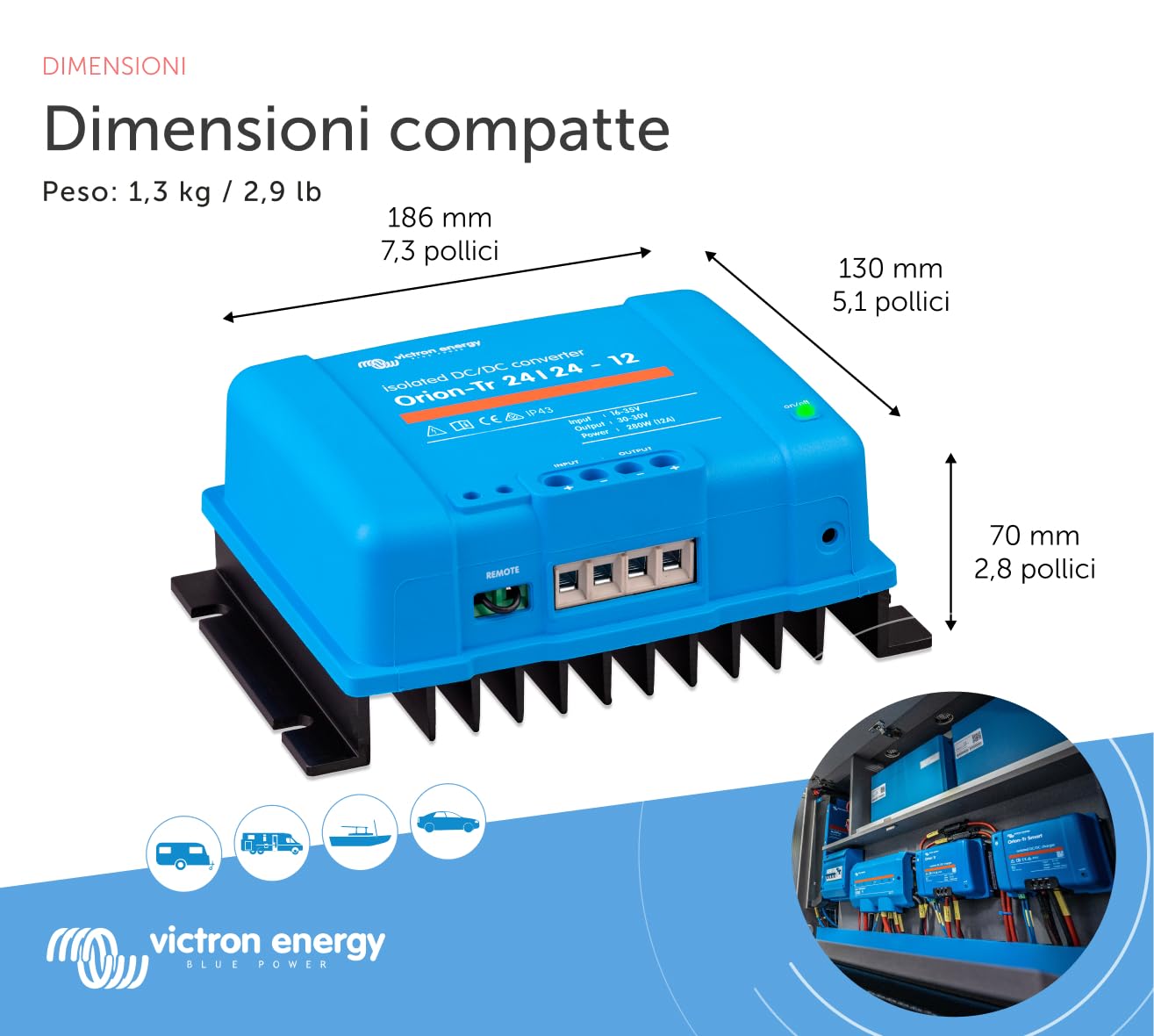 Victron Energy Orion-Tr IP43 24/24-Volt 12 amp 280-Watt Convertitore DC-DC, Isolato