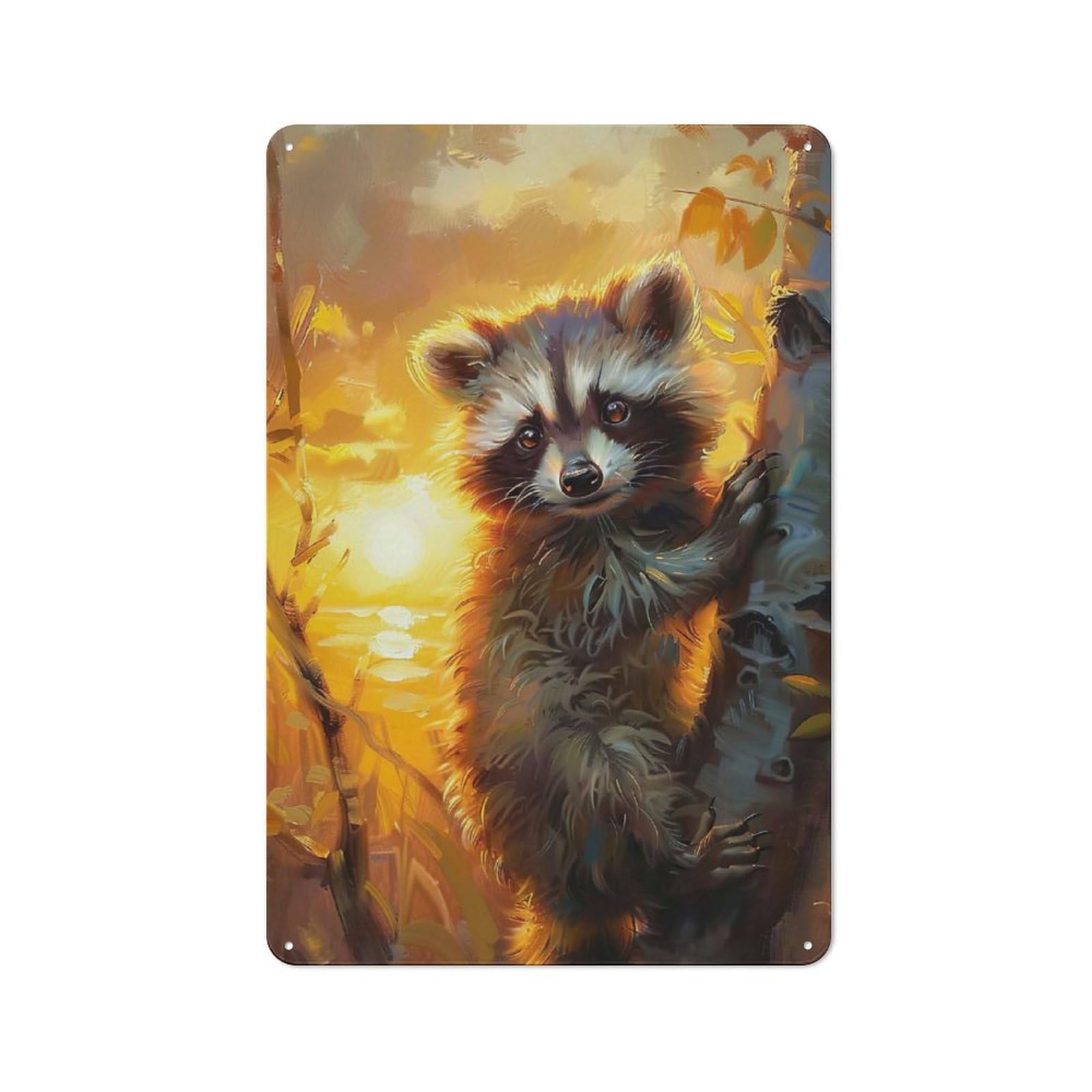 Garage Style Metal Wall Sign 30x20cm Featuring Sunrise Raccoon, Garage Wall Decor for Garage, Hobby Room, Office Or Man Cave