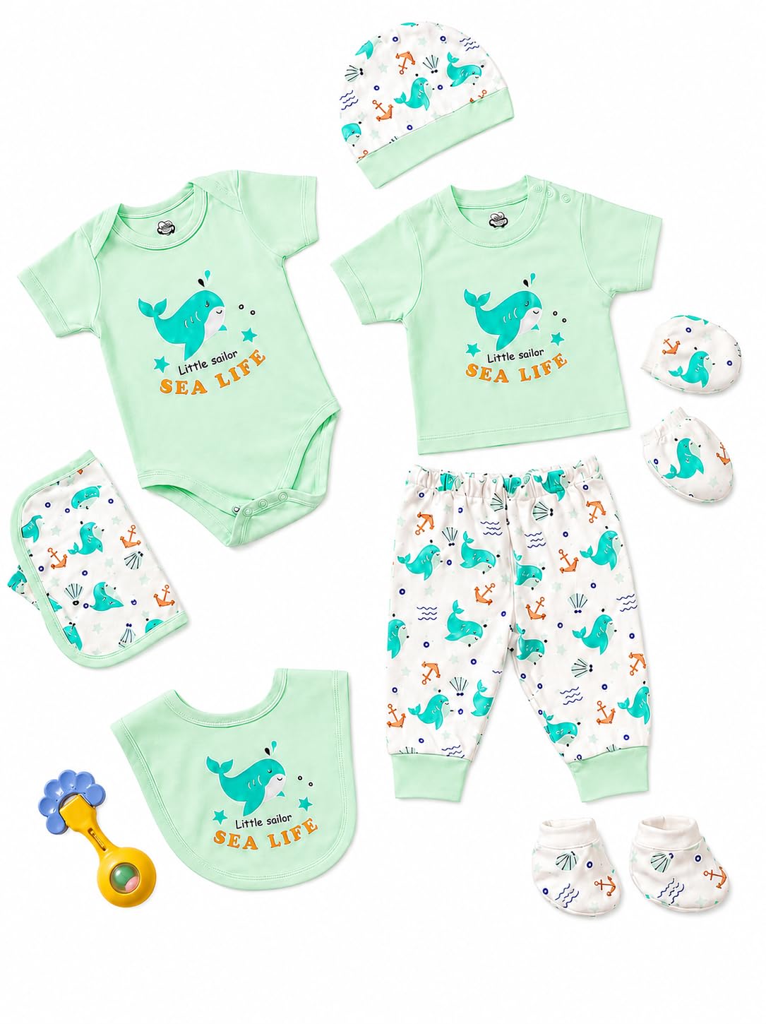 11-in-1 Newborn Baby Gift Set – 10 Clothing Essentials Made with 100% Soft Cotton Hosiery Fabric + 1 Toy (Toy Color May Vary)-image-7