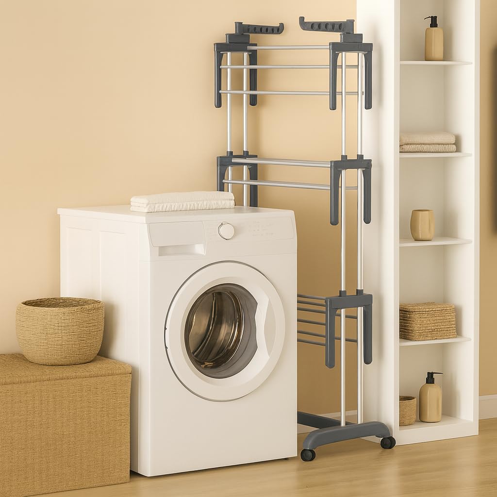 T-LOVENDO.ES Tendedero Vertical Plegable De Alta Capacidad de Ropa - 4 Niveles con Barras de Acero Inoxidable con Dos Alas Laterales Amplio Espacio para Secar. Ruedas Incluidas. Gris.