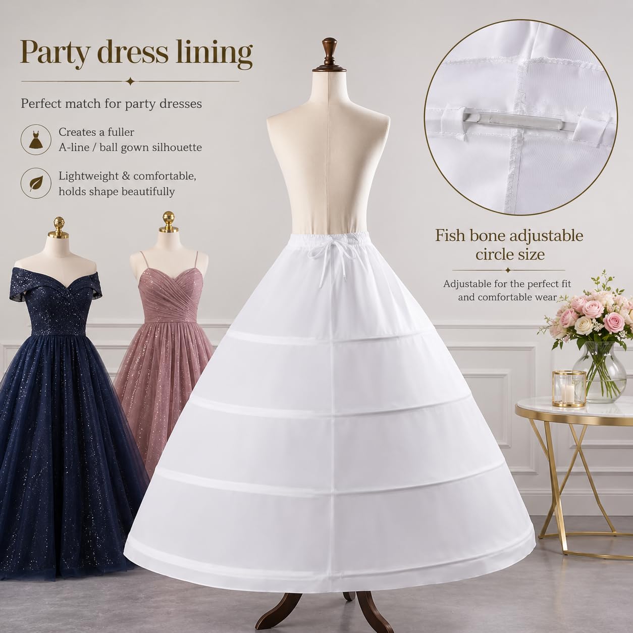 Reifrock Brautkleid - Damen 4 Reifen Petticoats A-Linie Bodenlang Unterrock Crinoline für Hochzeit Ballkleid Weiß