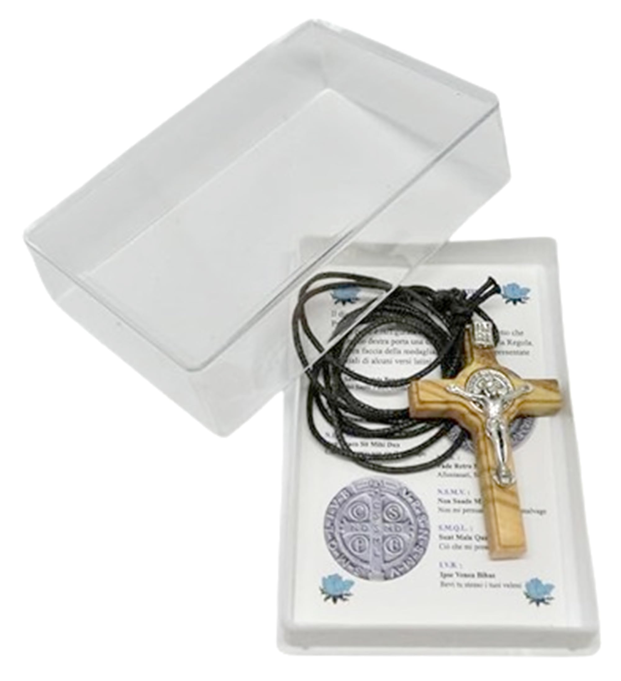 Croix Saint Benoît en bois d'olivier 4,5 cm avec collier lacet et boîte cadeau GTBITALY