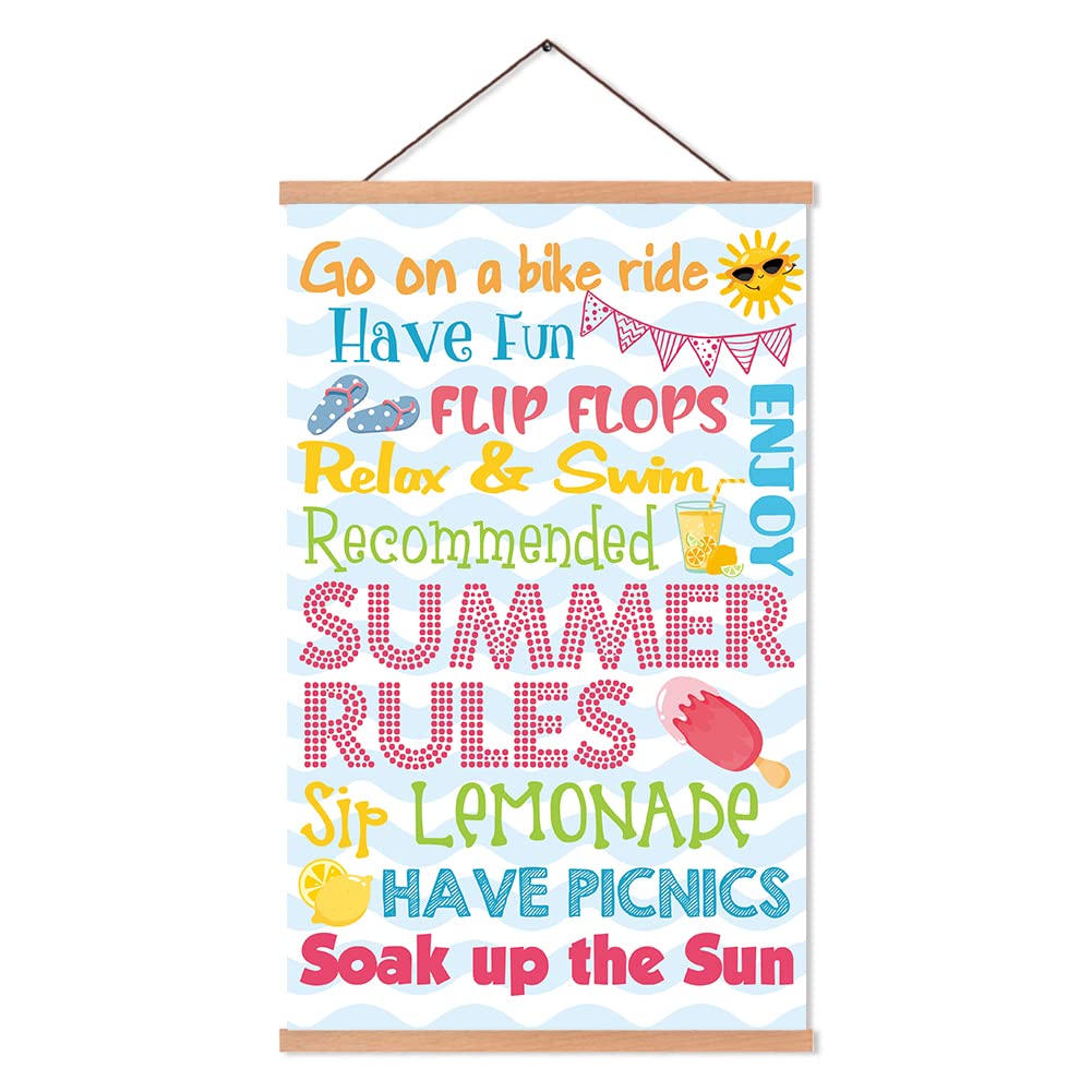 HLNIUC Colorful Kids Summer Rules Motivational Poster with Wood Magnetic Poster Hanger Frame, Posters for Wall, 13.8X22inch Summer Decor Canvas for Classroom Office School Ready to Hang