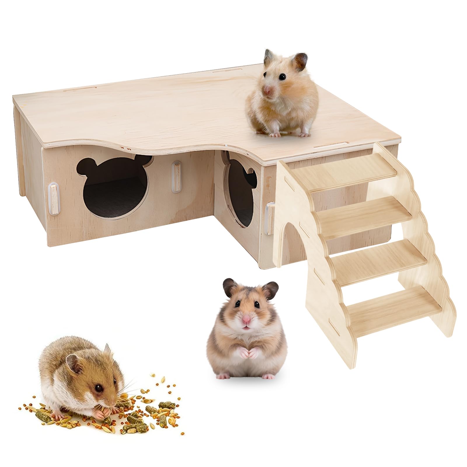 Hamster Hide with Ladder, Wooden Hamster Hides, Multi Chamber House Platform Cage Accessories for Hamsters Small Pets