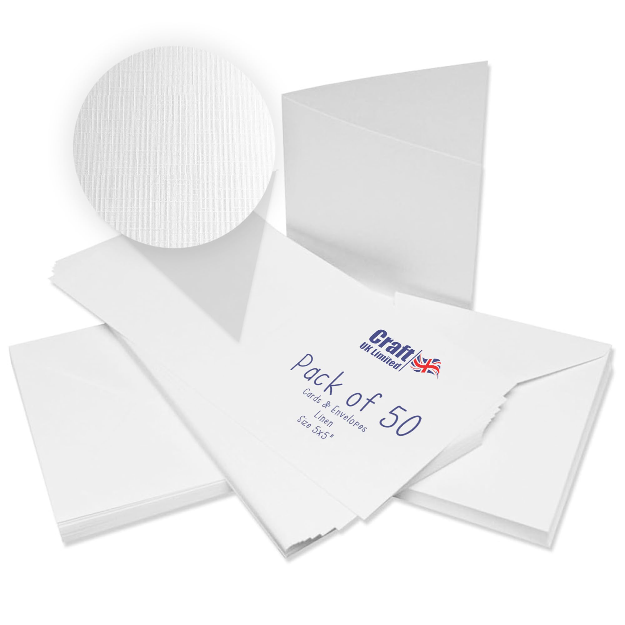 Craft UK, 50 Blank Cards and Envelopes for Card Making, 300gsm, Made in the UK, Lasting Quality, Recycled White Linen, 5 x 5-Inch