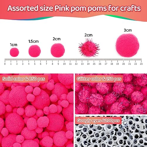 Image of Iooleem Pink Pom Poms - Assorted Size, 1200pcs with Wiggle Eyes, Glitter Options, Perfect for Arts & Crafts