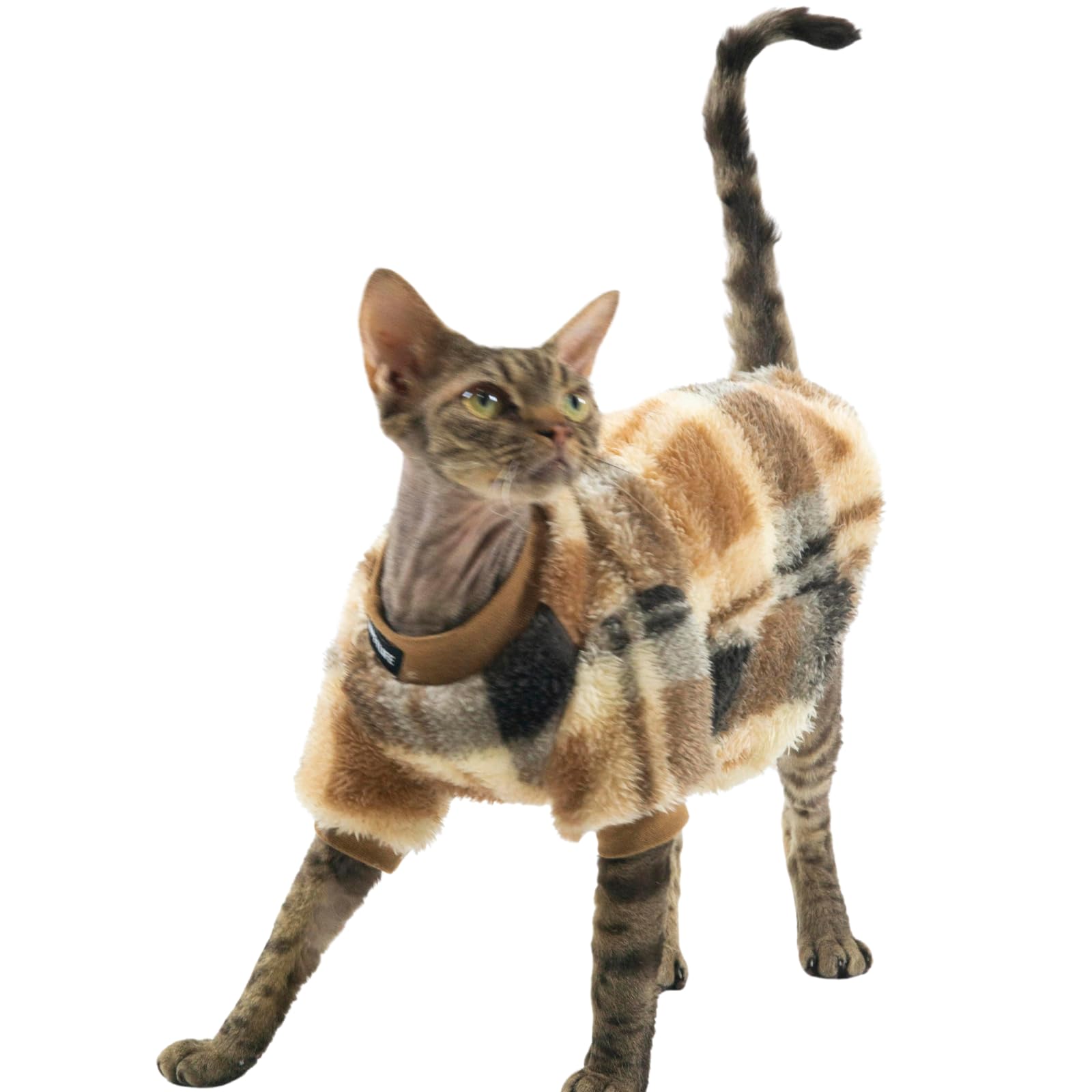 Cat Double-Sided Fleece Clothes, Soft Warm Winter Jumpsuit Sweater Shirt Clothing for Hairless Sphynx, Devon & All Indoor Kittens (Khaki,S)