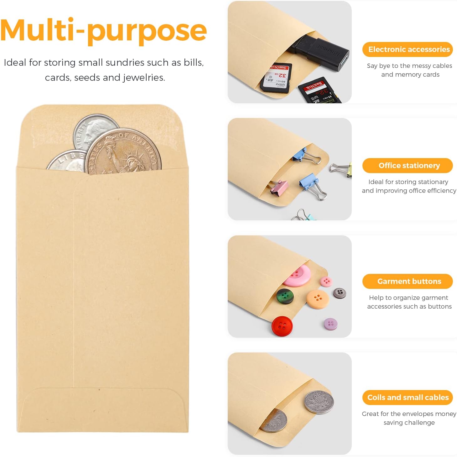 ACSTEP #1 Kraft Seed Envelopes 2-1/4 x 3-1/2 Small Coin Envelopes 100 Pack image 3